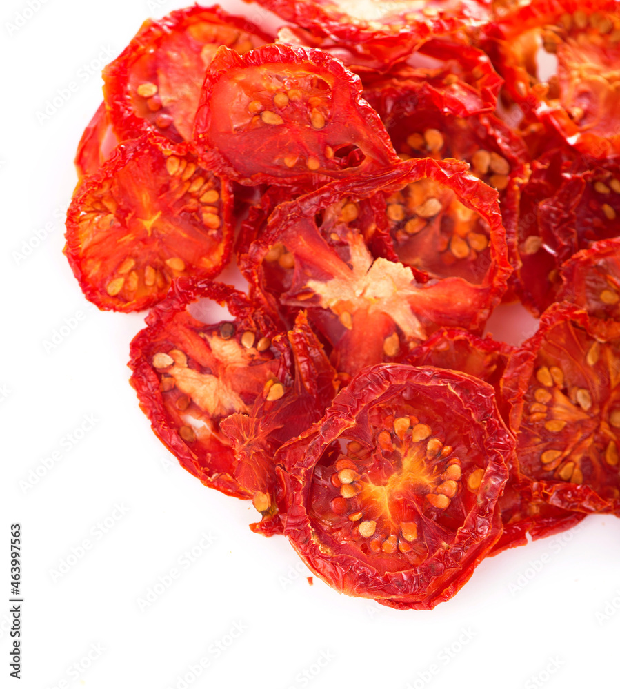 Canvas Prints dried tomatoes on wooden background, top view