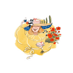 Happy girl character in a yellow dress, hat, holding a bouquet of poppies. Celebrating panda and cake in Tuscany. Watercolor abstract background. Fairytale character for travel design
