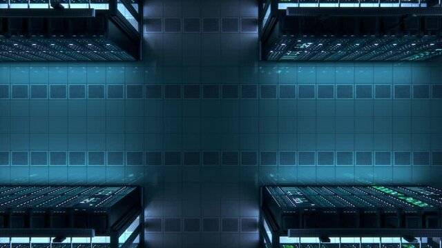 Modern Data Technology Center Server Racks Working in Dark Facility. Concept of Internet of Things, Big Data Protection, Storage, Cryptocurrency Farm, Cloud Computing. 3D Top Down Camera Shot.