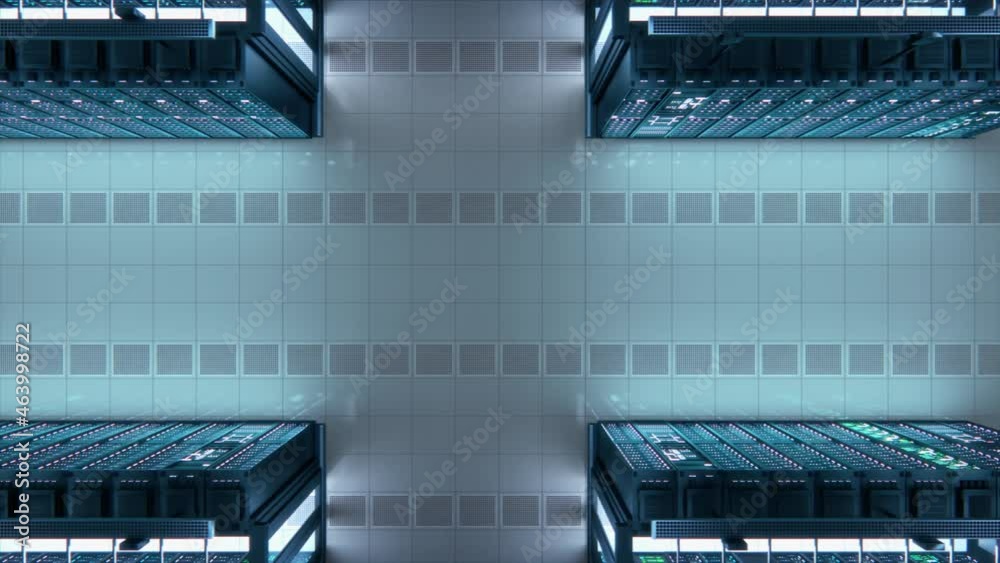 Aufkleber Modern Data Technology Center Server Racks Working in Well-Lighted Facility. Concept of Internet of Things, Big Data Protection, Storage, Cryptocurrency Farm, Cloud Computing. 3D Top Down Camera Shot.
