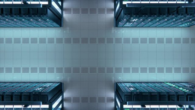 Modern Data Technology Center Server Racks Working in Well-Lighted Facility. Concept of Internet of Things, Big Data Protection, Storage, Cryptocurrency Farm, Cloud Computing. 3D Top Down Camera Shot.
