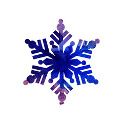Watercolor painting lilac blue silhouette of a snowflake. Merry Christmas and Happy New Year. Winter illustration for design. Isolated over white background.