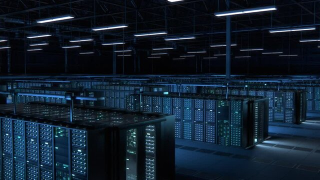 Modern Data Technology Center Server Racks Working in Dark Facility. Concept of Internet of Things, Big Data Protection, Storage, Cryptocurrency Farm, Cloud Computing. 3D Moving Up Camera Shot.
