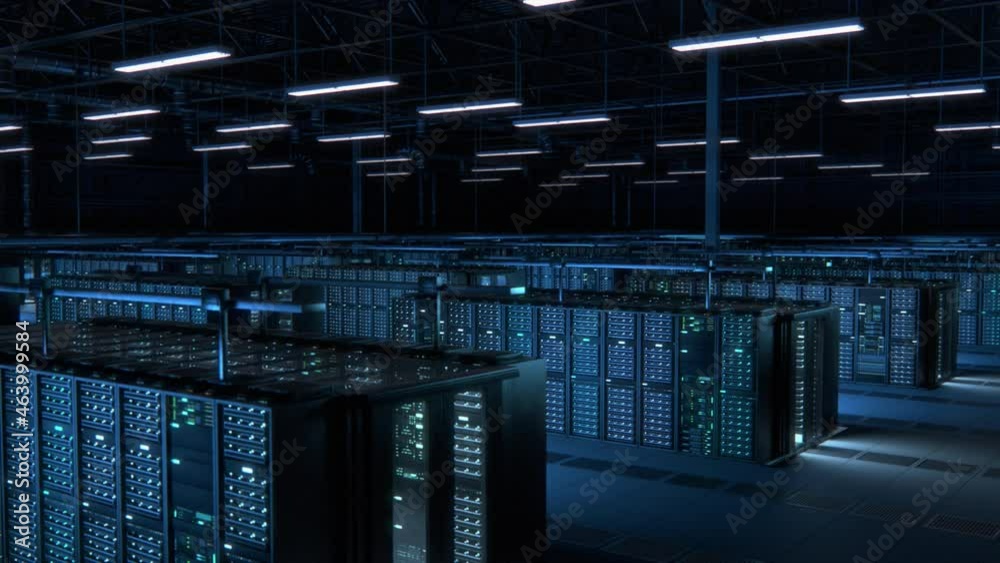 Poster Modern Data Technology Center Server Racks Working in Dark Facility. Concept of Internet of Things, Big Data Protection, Storage, Cryptocurrency Farm, Cloud Computing. 3D Moving Down Camera Shot.