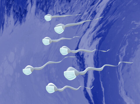 Male sperm cells with surgeon mask on blue background