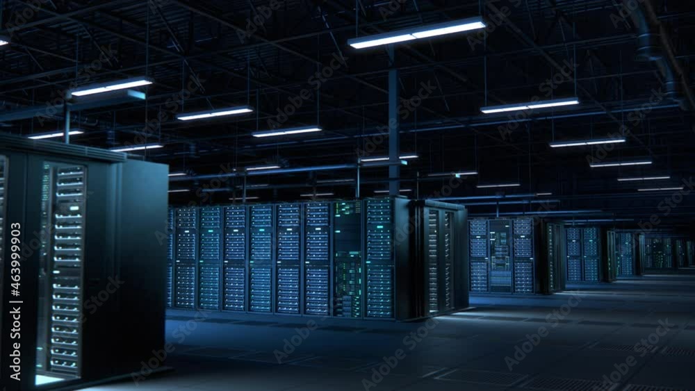 Poster Modern Data Technology Center Server Racks Working in Dark Facility. Concept of Internet of Things, Big Data Protection, Storage, Cryptocurrency Farm, Cloud Computing. 3D Panning Back Camera Shot.