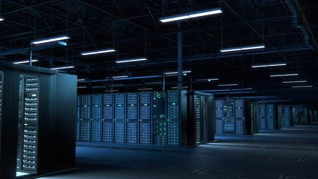 Modern Data Technology Center Server Racks Working in Dark Facility. Concept of Internet of Things, Big Data Protection, Storage, Cryptocurrency Farm, Cloud Computing. 3D Panning Back Camera Shot.