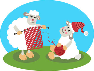 Cute couple sheeps knitting wool

