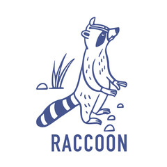 Cute raccoon. North American animal, native mammal. Outline logo design. Vector illustration isolated on white background.