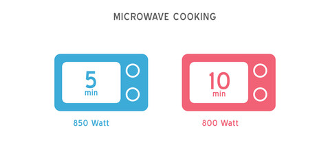 Meal Timer logo design. 5 minutes cook in boiling saucepan, fry pan,  microwave watt and oven cooker.