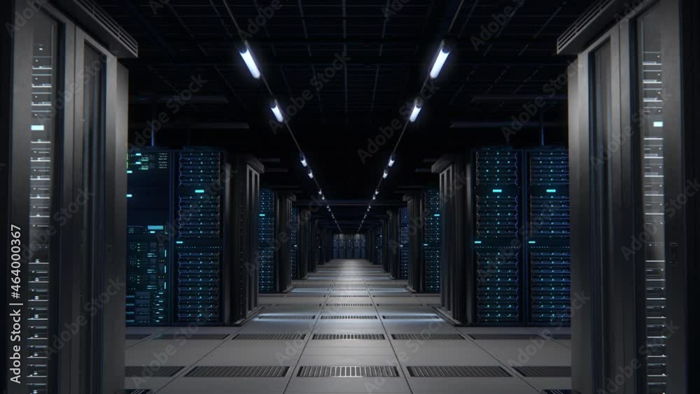 Aufkleber Modern Data Technology Center Server Racks Working in Well-Lighted Room. Concept of Internet of Things, Big Data Protection, Storage, Cryptocurrency Farm, Cloud Computing. Moving Forward Camera Shot.