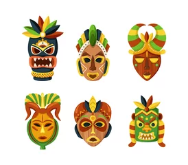 Fotobehang Tiki masks set. Multicolored Mexican Indian or African ethnic mask decorated tribal design elements © Svetlanas01