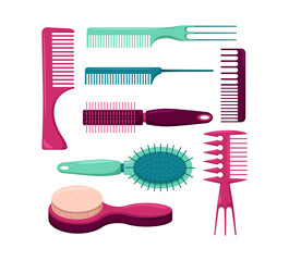Multicolored comb set. Hairbrush different shapes. Fashion equipment hairdresser style accessories