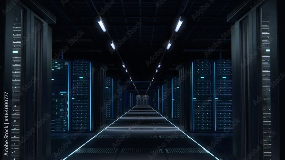 Poster Modern Data Technology Center Server Racks Working in Dark Facility. Concept of Internet of Things, Big Data Protection, Storage, Cryptocurrency Farm, Cloud Computing. 3D Moving Forward Camera Shot.