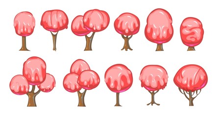 Set of fabulous sweet trees. For landscapes with pink caramel, ice cream or jelly. Perspiration. Childrens fun illustration. Cartoon style. Vector