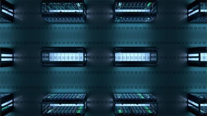 Modern Data Technology Center Server Racks Working in Dark Facility. Concept of Internet of Things, Big Data Protection, Storage, Cryptocurrency Farm, Cloud Computing. 3D Top Down Camera Shot. - Powered by Adobe