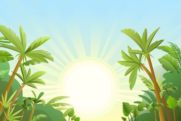 Fototapeta na wymiar Palm trees in tropical forest. Jungle leaves. Beautiful summer landscape. Radiant sun in a clear sky. Background picture. Vector.