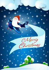Fototapeta na wymiar Merry Christmas with Santa, airplane and banner. Vector illustration eps10