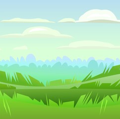 Early foggy morning. Rural landscape. Horizontal village nature illustration. Cute country. Flat style. Vector