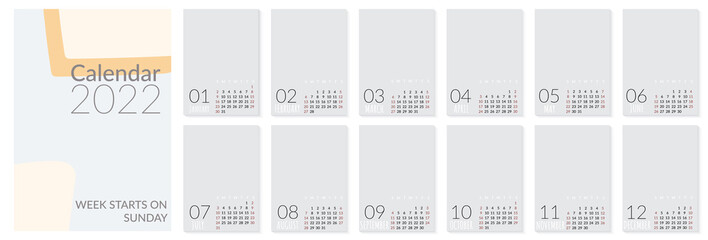 Vertical wall calendar template for 2022 year. Set of 12 months. Week starts on Sunday. Planner in minimalist style with place for photo. Vector editable corporate and business calendar page template - obrazy, fototapety, plakaty