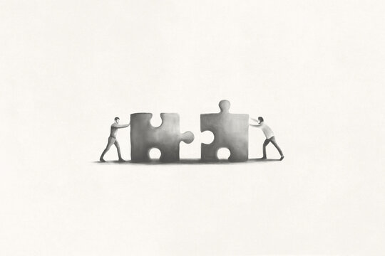 Illustration Of Teamwork Assembling Puzzle Pieces, Business Problem Solving Abstract Concept  