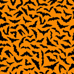 Seamless pattern with black flying bats isolated on orange background. Vector background for Halloween design. Ready for printing on textile and other surface. eps 10. - 464001917