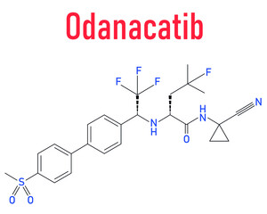 Odanacatib drug molecule. Investigational treatment for osteoporosis and bone metastasis. Inhibitor of cathepsin K. Skeletal formula.