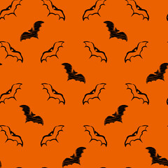 Vector seamless background for Halloween design with hand drawn flying bats on orange background. - 464001951