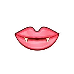 Sexy red vampire woman lips with fangs isolated on white background. Vector cartoon girl vampire mouth with vampires teeth icon or label vector illustration for printing on t-shirt