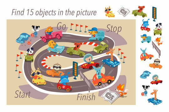 Find 15 hidden objects in picture. Cute animals in cars on track. Children Game. Activities, vector illustration.