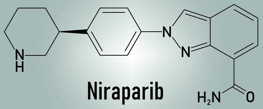 Niraparib cancer drug molecule (PARP inhibitor). Skeletal formula.