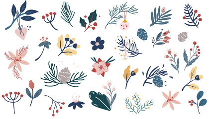 Winter leaves and branches. Floral twig, botanical branch with berry and leaf doodle. Plant leaf feather and fir tree branches Christmas holiday element. Vector cartoon illustration.