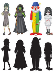 Set of halloween ghost characters with silhouettes