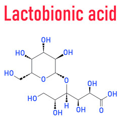 Lactobionic acid (lactobionate) molecule. Commonly used additive in food products, medicinal products and cosmetics. Skeletal formula.