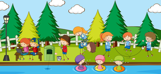 Obraz na płótnie Canvas Playground scene with many kids doodle cartoon character