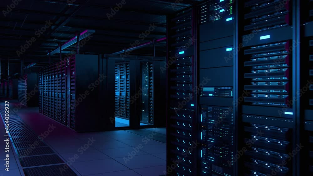 Poster Modern Data Technology Center Server Racks Working in Dark Facility. Concept of Internet of Things, Big Data Protection, Storage, Cryptocurrency Farm, Cloud Computing. 3D Panning Back Camera Shot.