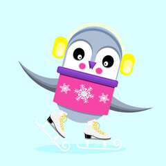 Сute penguin ice skating. flat vector illustration.