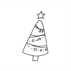 Christmas tree with beads. Doodle style. Vector symbol of Christmas winter. Spruce with a star. Drawing with a black outline isolated on a white background.