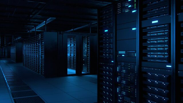 Modern Data Technology Center Server Racks Working in Dark Facility. Concept of Internet of Things, Big Data Protection, Storage, Cryptocurrency Farm, Cloud Computing. 3D Panning Back Camera Shot.