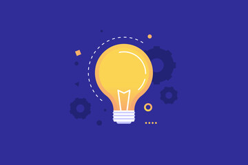 Bright light bulb with working gears shines on a blue background. A symbol of new ideas and inventions. Creative thinking sign. Flat vector illustration.