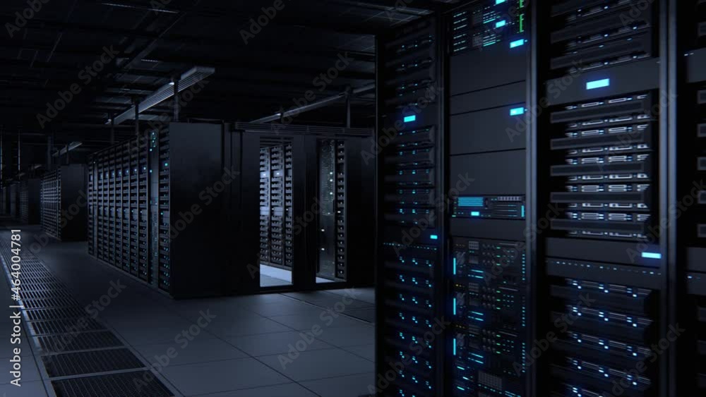Poster modern data technology center server racks working in dark facility. concept of internet of things, 