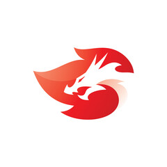 Obraz premium Negative space dragon head and fire, flame logo vector icon with modern gradient style
