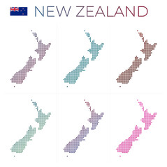 Obraz premium New Zealand dotted map set. Map of New Zealand in dotted style. Borders of the country filled with beautiful smooth gradient circles. Modern vector illustration.