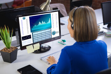 Caucasian businesswoman sitting at desk, using computer with statistical data on screen