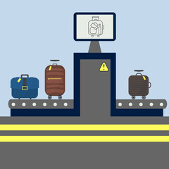 Luggage airport carousel. Conveyor belt at airport scanner. Tourism concept in flat style.