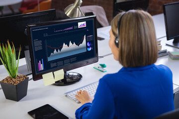 Caucasian businesswoman sitting at desk, using computer with statistical data on screen