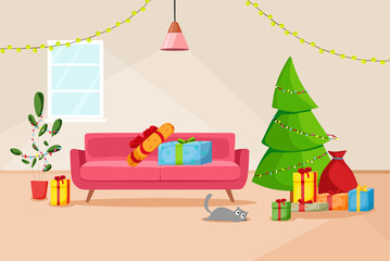 Christmas interior of the living room with a Christmas tree and gifts. Vector cartoon illustration