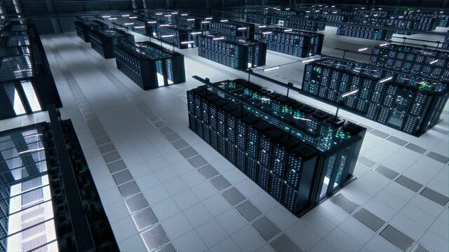 Modern Data Technology Center Server Racks Working in Well-Lighted Room. Concept of Internet of Things, Big Data Protection, Storage, Cryptocurrency Farm, Cloud Computing. 3D Above Camera Shot.