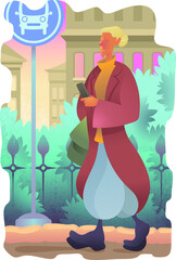 Fashionably dressed beautiful young girl with a smartphone. Passenger waiting for a bus at a bus stop. Woman in a coat in a city park.Flat cartoon illustration