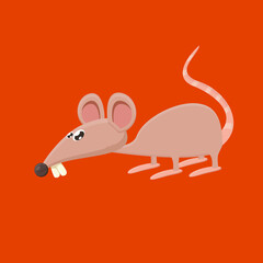 Vector cartoon funny mouse animal isolated on red background. Little cute smiling mice character